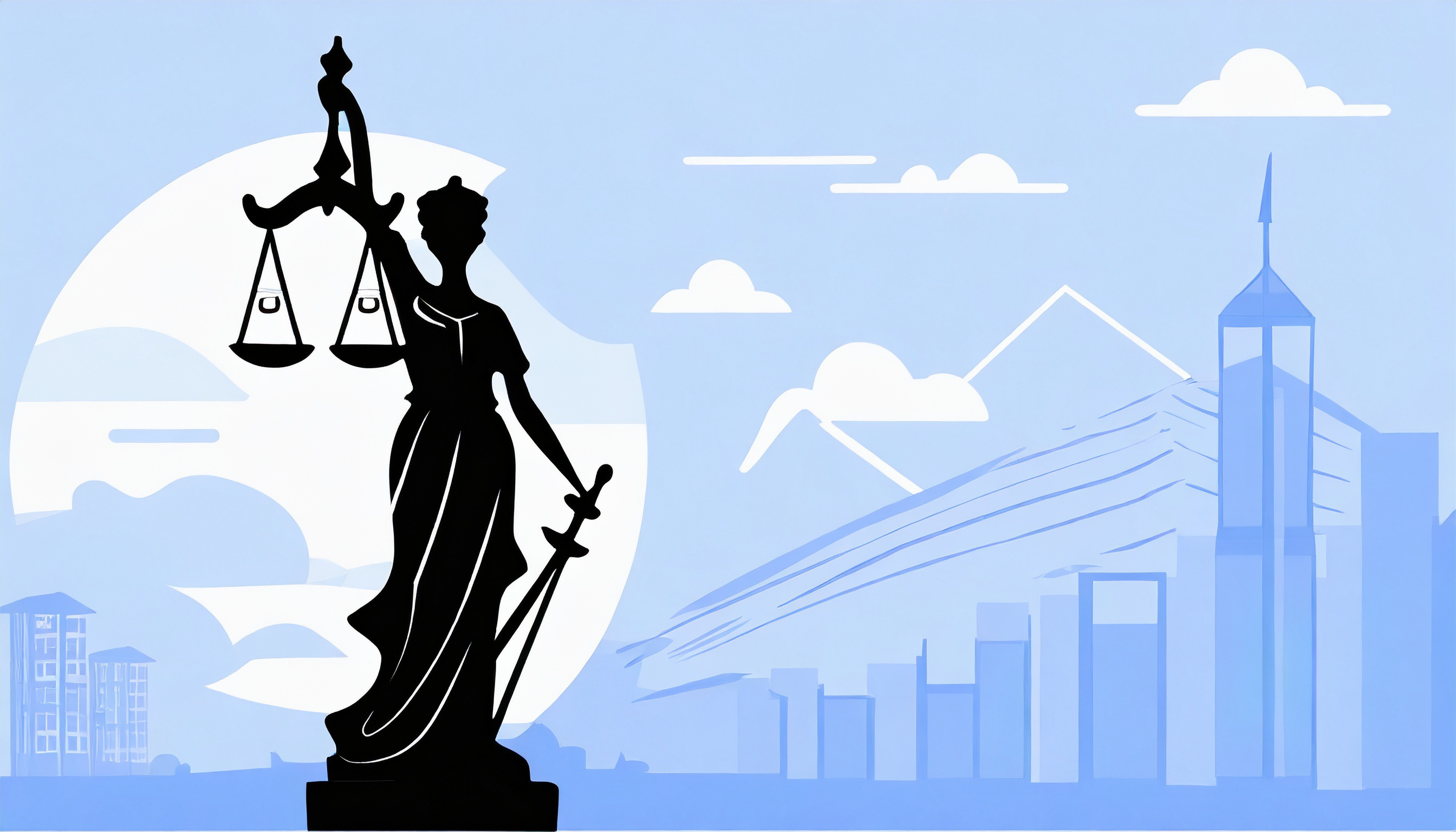 A silhouette of a woman holding a scale of justice in front of a city, emphasizing the importance of legal requirements.