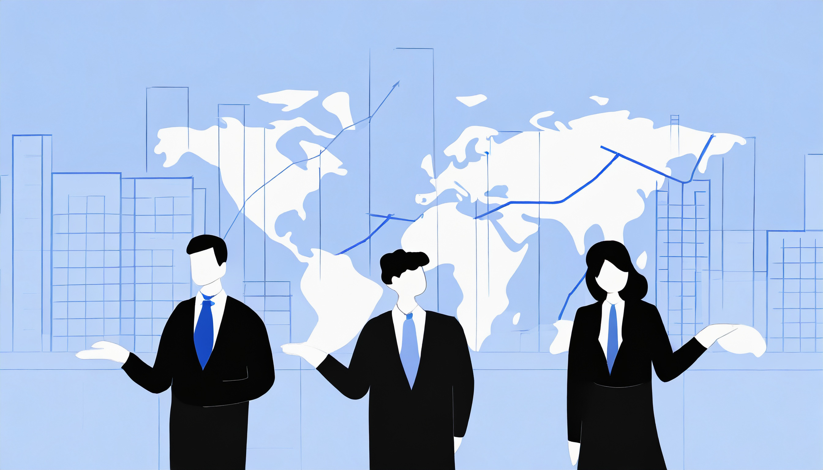 A group of business people standing in front of a world map while discussing Cold Email strategies for the Finance Industry.