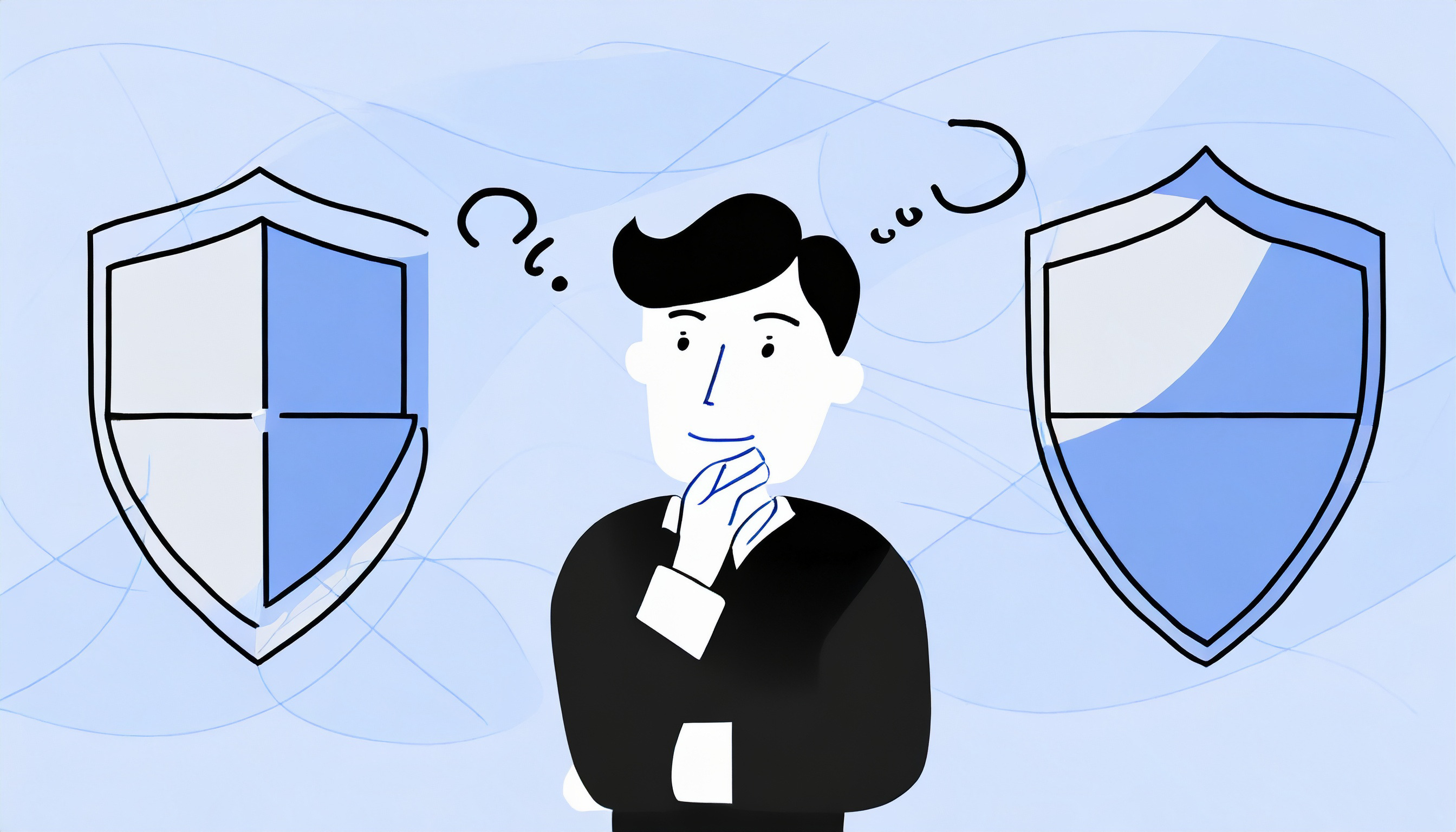 A man in a suit is standing in front of two shields, symbolizing the implementation of DMARC and DKIM.