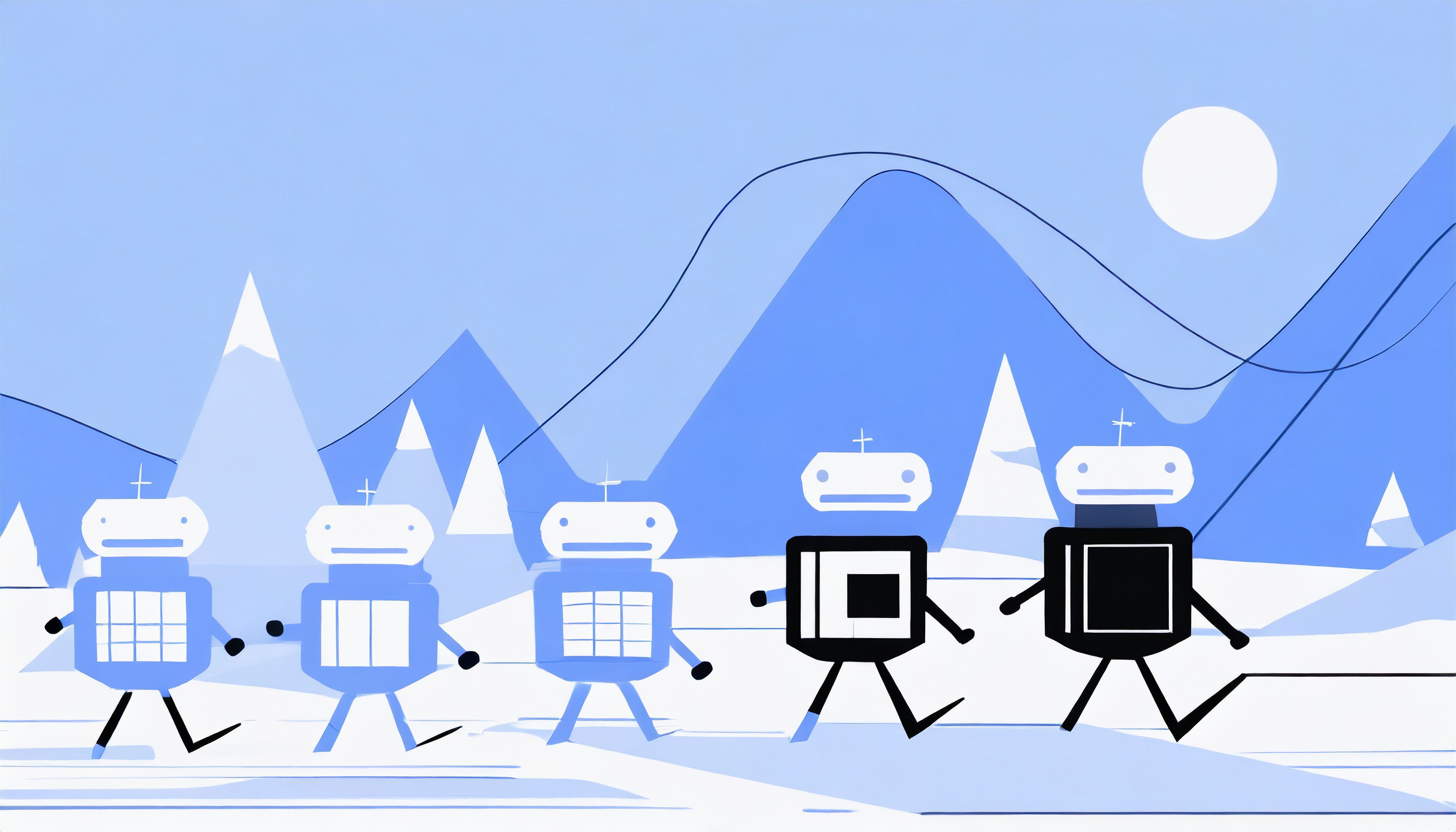 A cartoon illustration of a group of robots walking in the snow, showcasing a fun and whimsical scene.