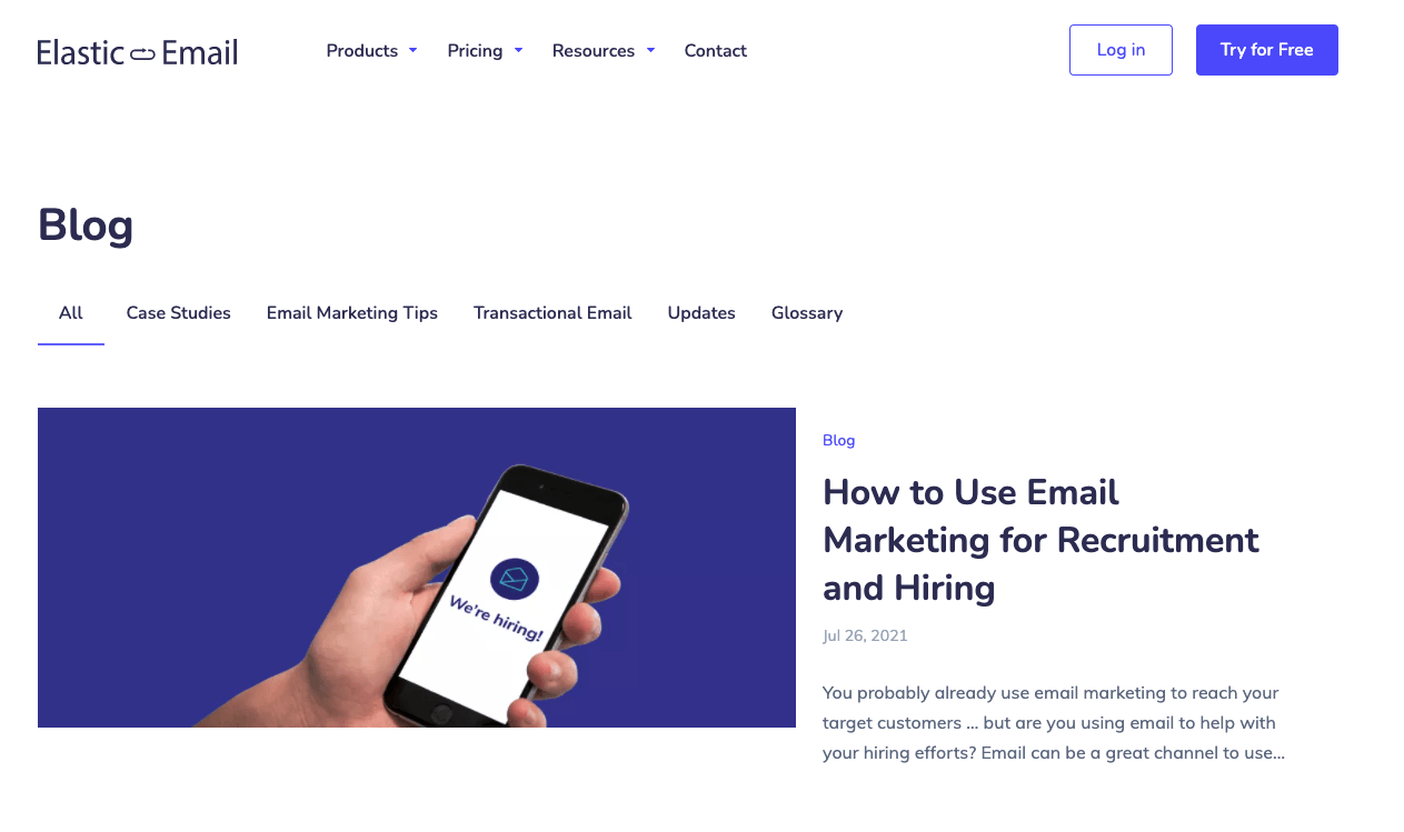 Elastic Email blog site in browser