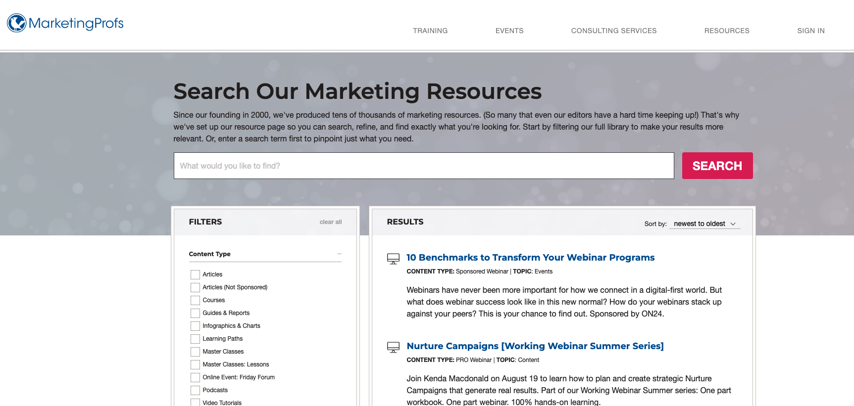 MarketingProfs blog site in browser