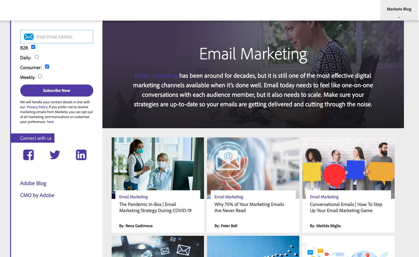 Marketo blog site in browser