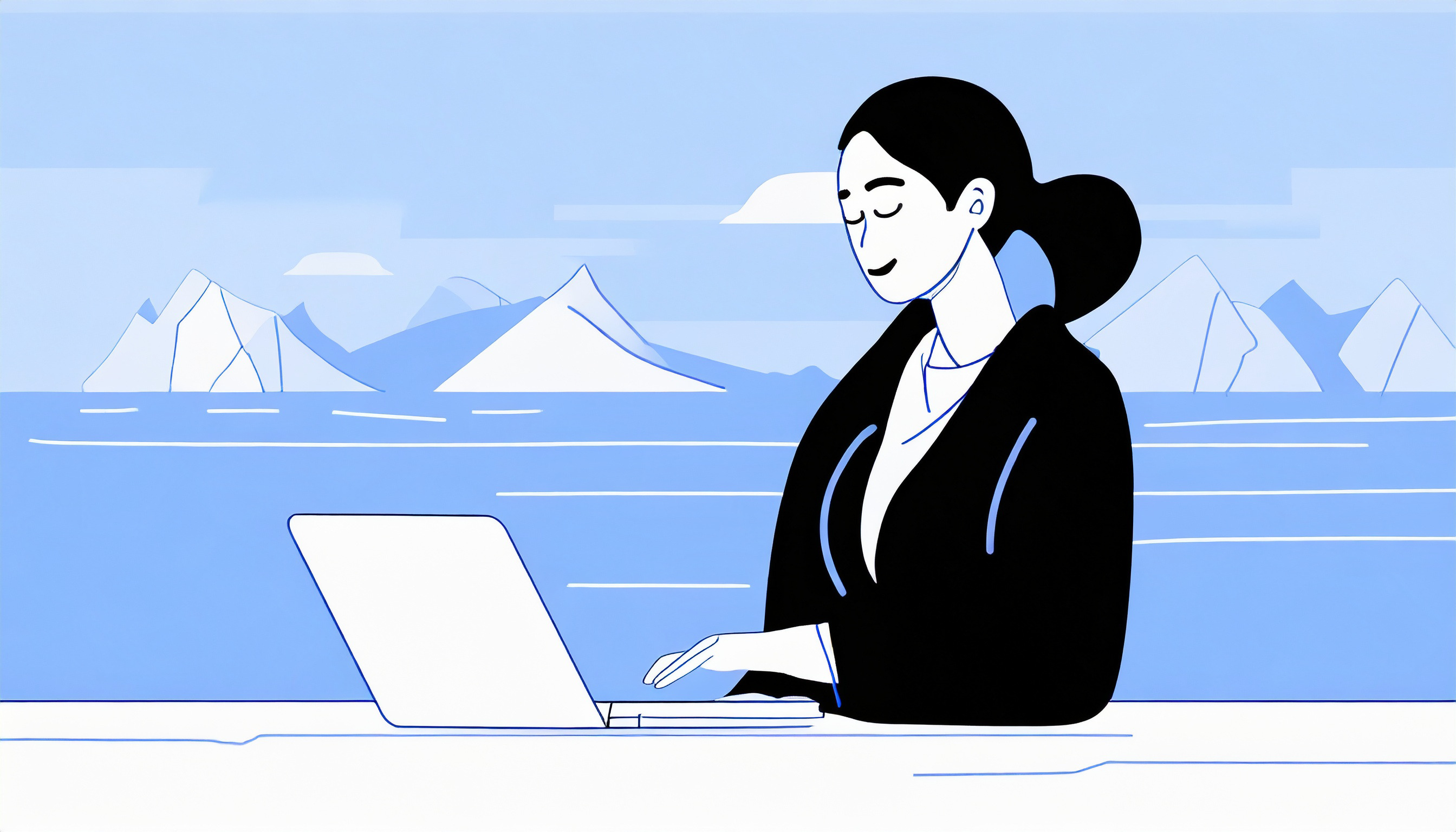 A cartoon illustration of a woman working on a laptop using cold email ice breakers.