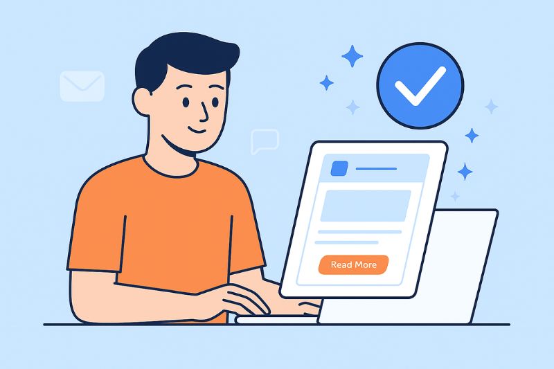 Illustration of a person in an orange shirt using a laptop, with a large verified checkmark and a popup displaying "Read More," representing secure inbox placement.