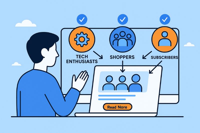 Illustration of a person facing a screen showing categories: tech enthusiasts, shoppers, and subscribers—with arrows highlighting inbox placement and a "Read More" button below user icons.