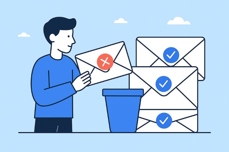 Illustration of a person discarding an envelope with an X symbol into a bin, while envelopes with check marks—indicating successful inbox placement—are stacked beside him.