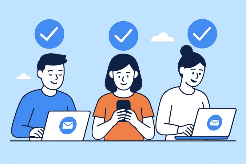 Three people are working at laptops and a phone, each with a checkmark symbol above their head—showing successful inbox placement—on a blue background with clouds.