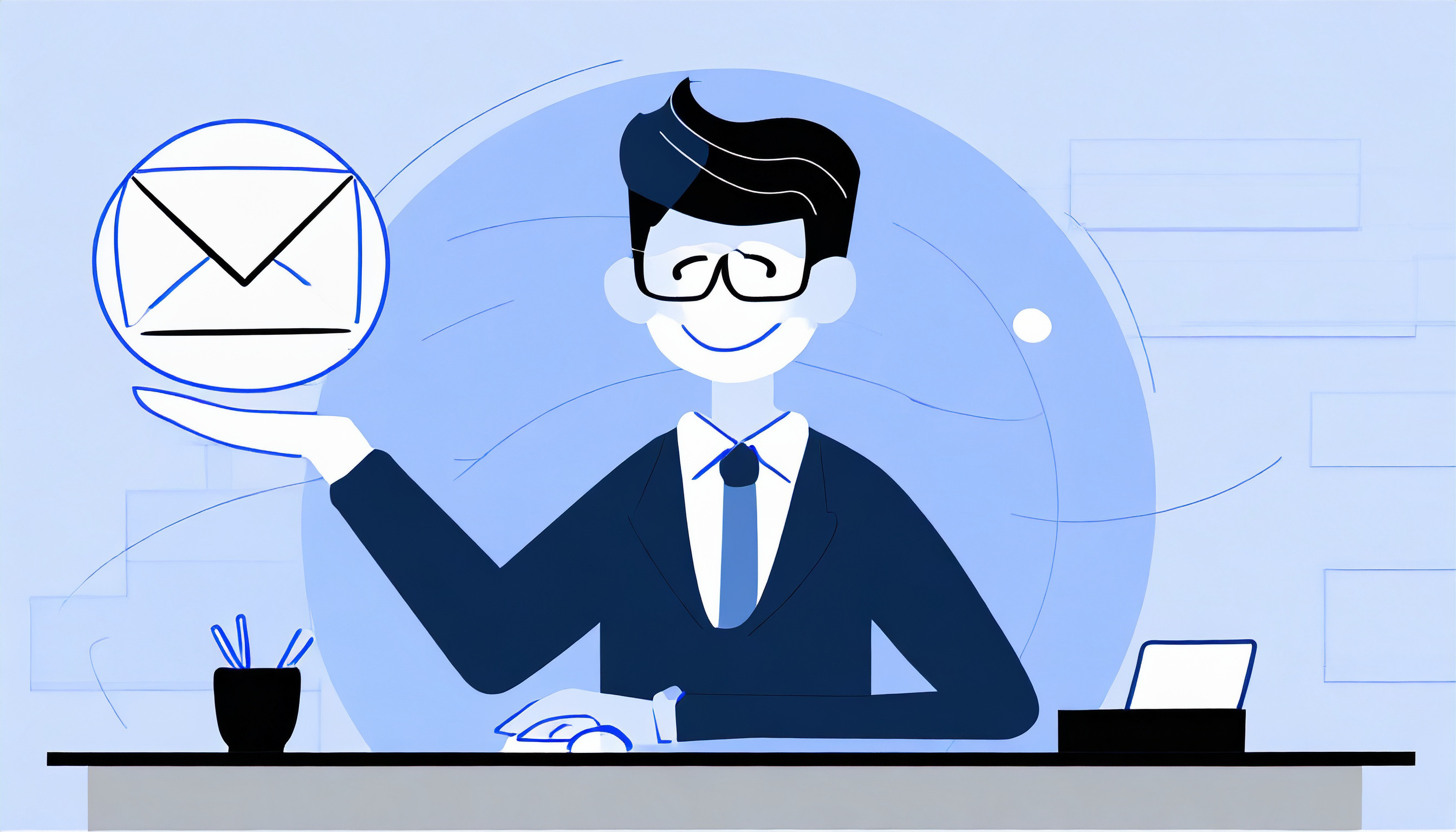 An illustration of a businessman holding up an interactive email.