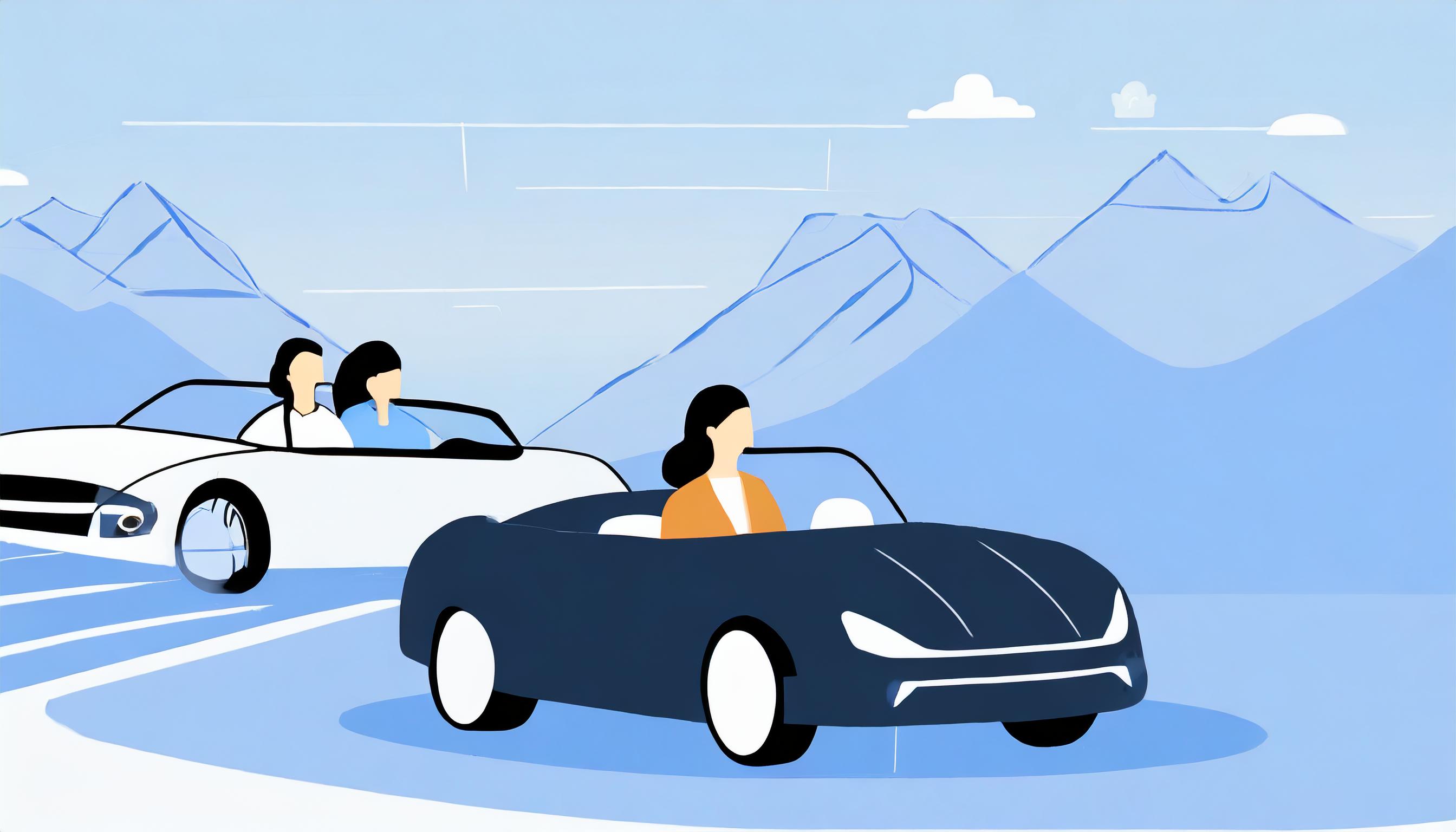 Two convertible cars driving on a road with mountain scenery in the background, enhancing the deliverability of a scenic journey experience.