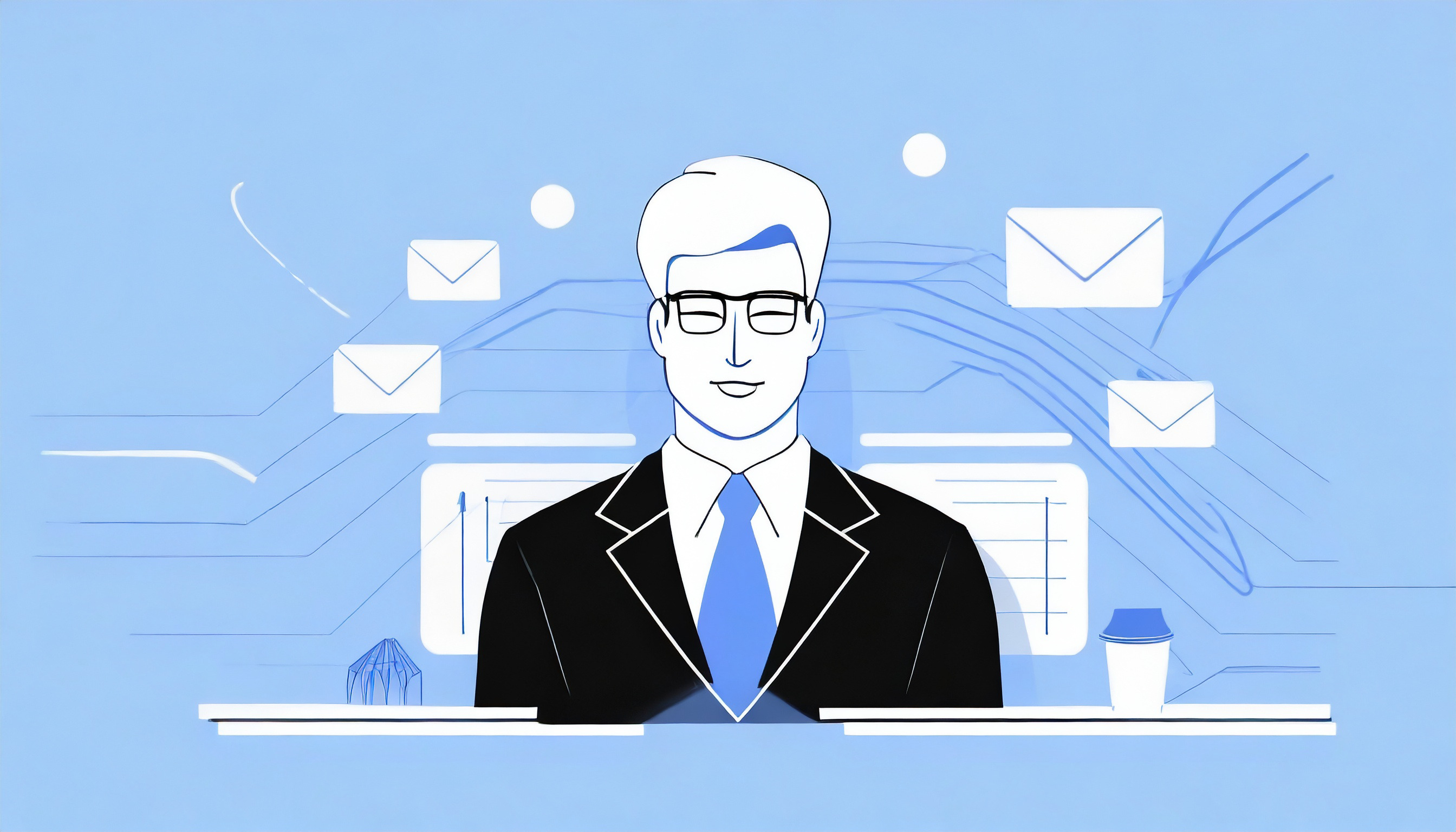 An illustration of a man in a suit sitting at a desk.