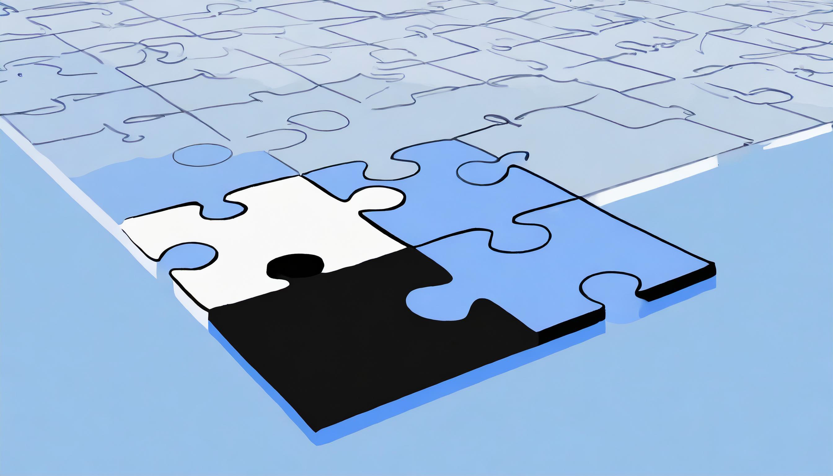 Unfinished jigsaw puzzle with one piece disconnected, awaiting placement on a reflective blue surface.