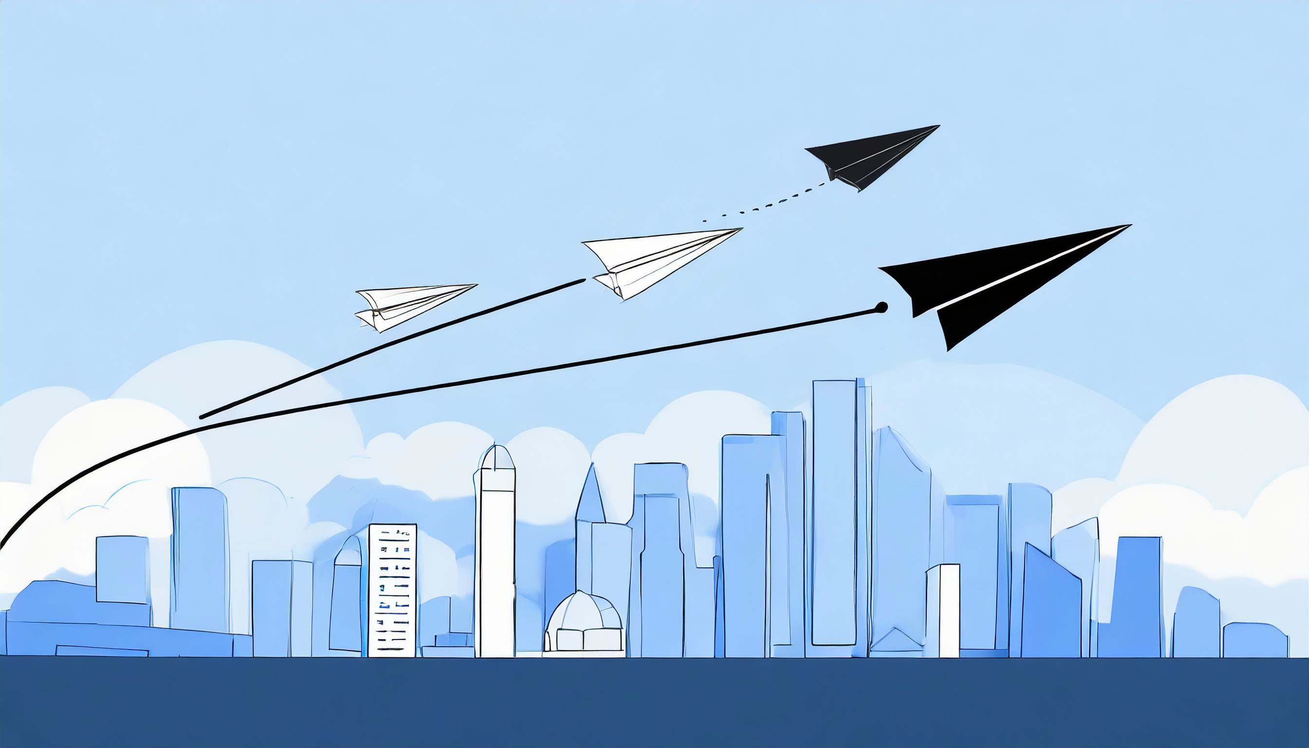 Three paper planes symbolizing emails soaring progressively higher towards optimal deliverability against a city skyline background.