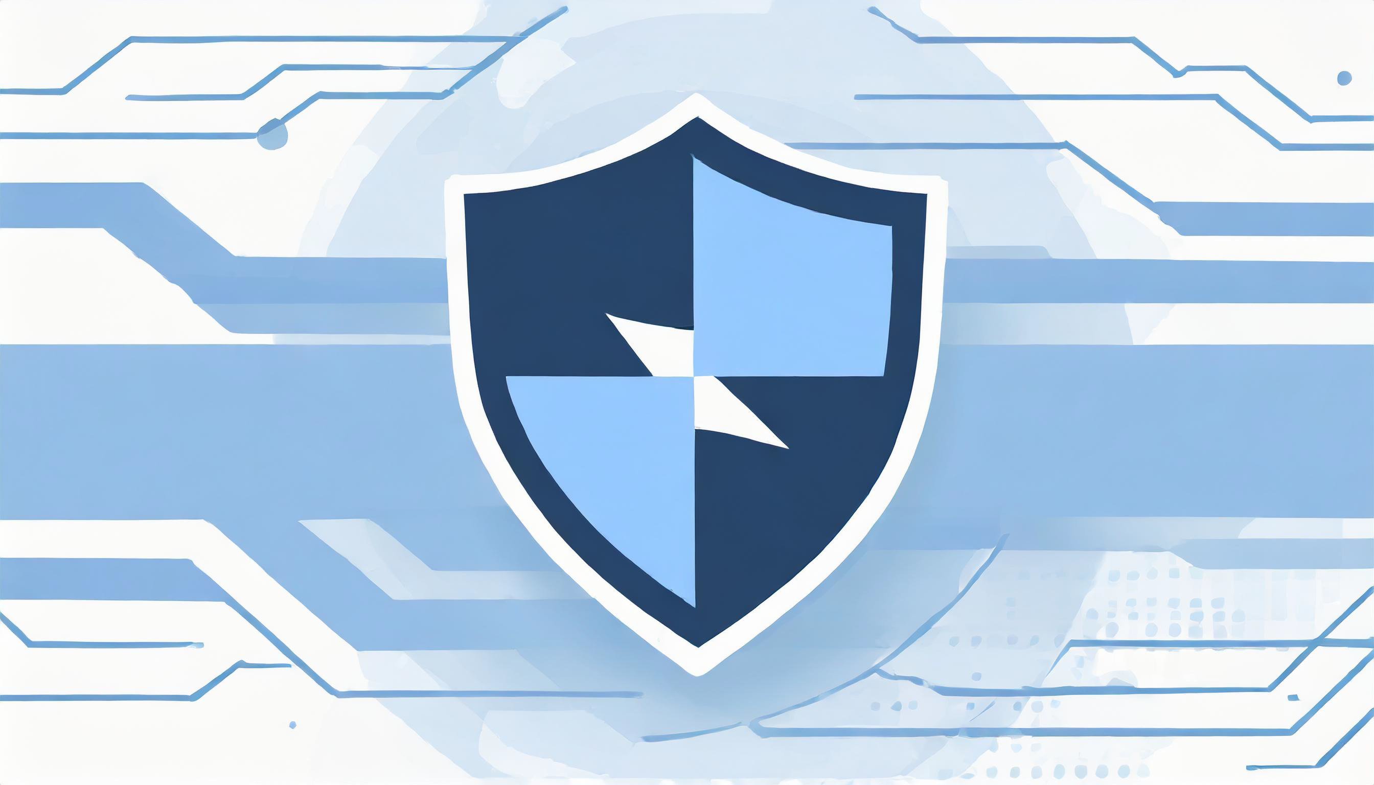 Shield emblem with a white cross on a blue background, overlaid on a stylized digital circuit pattern, designed for placement in the email inbox.