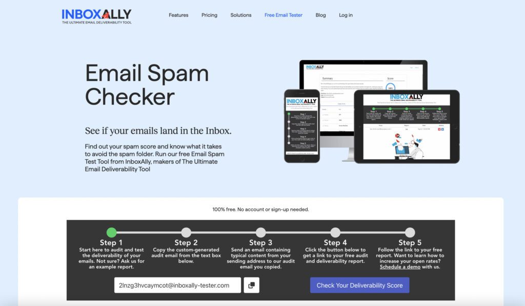 InboxAlly Email Spam checker page