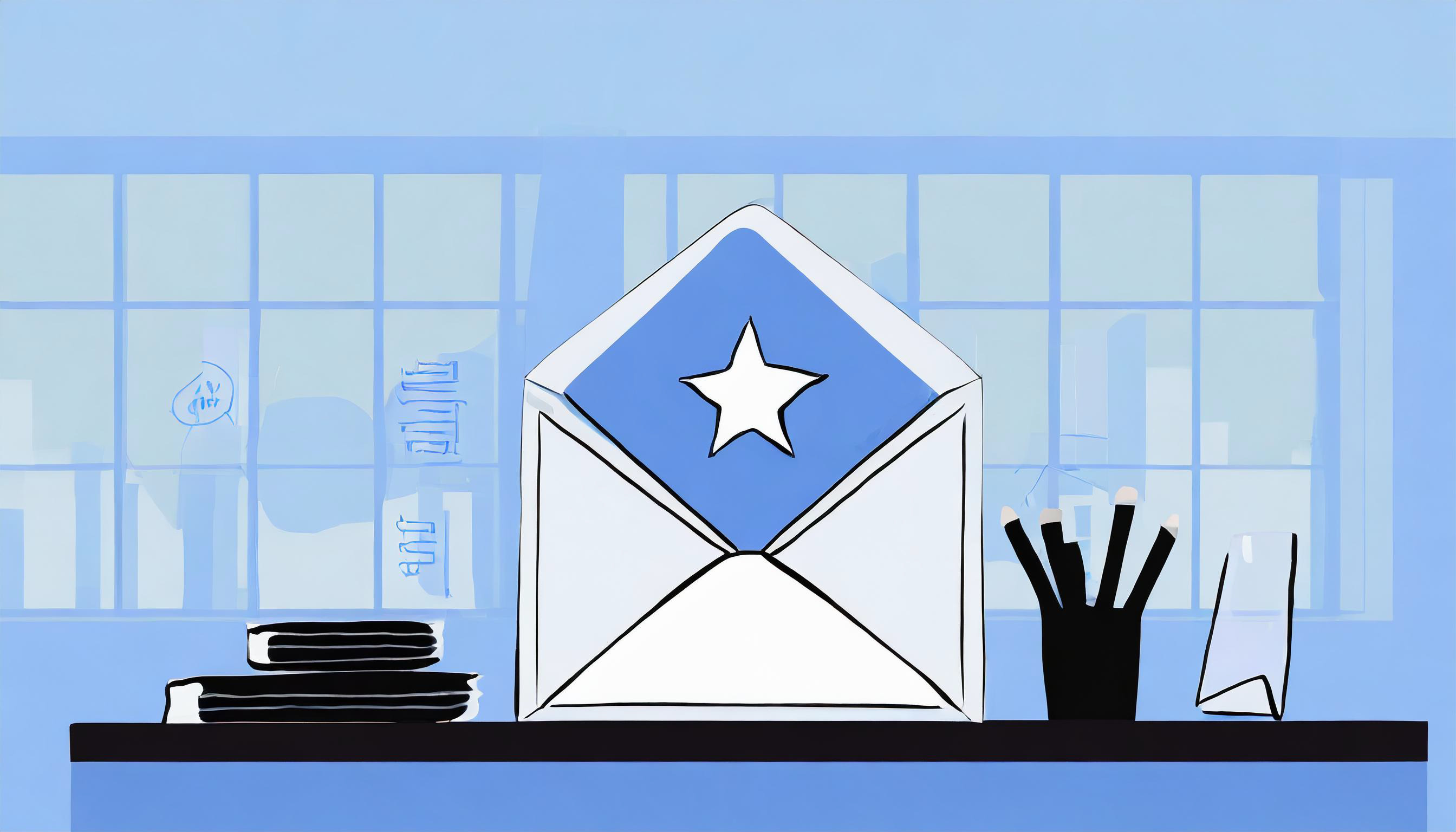 An illustration of an email envelope with a star on top resting on a shelf with books and stationery, against a window backdrop.