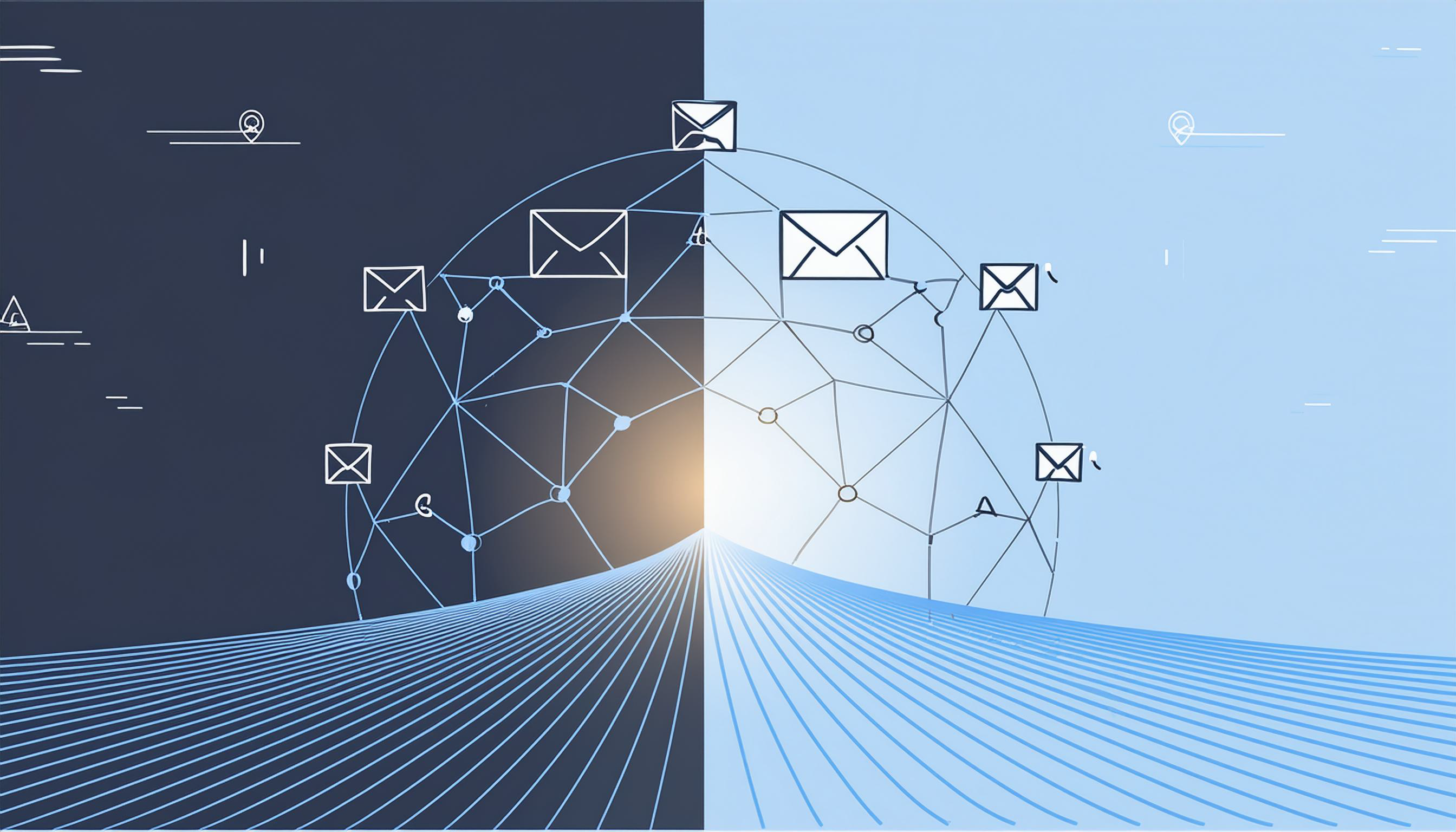 Digital illustration of a network with email icons on a geometric line pattern, emphasizing global communication against a sunrise gradient background, highlighting the difference between ESP and ISP.