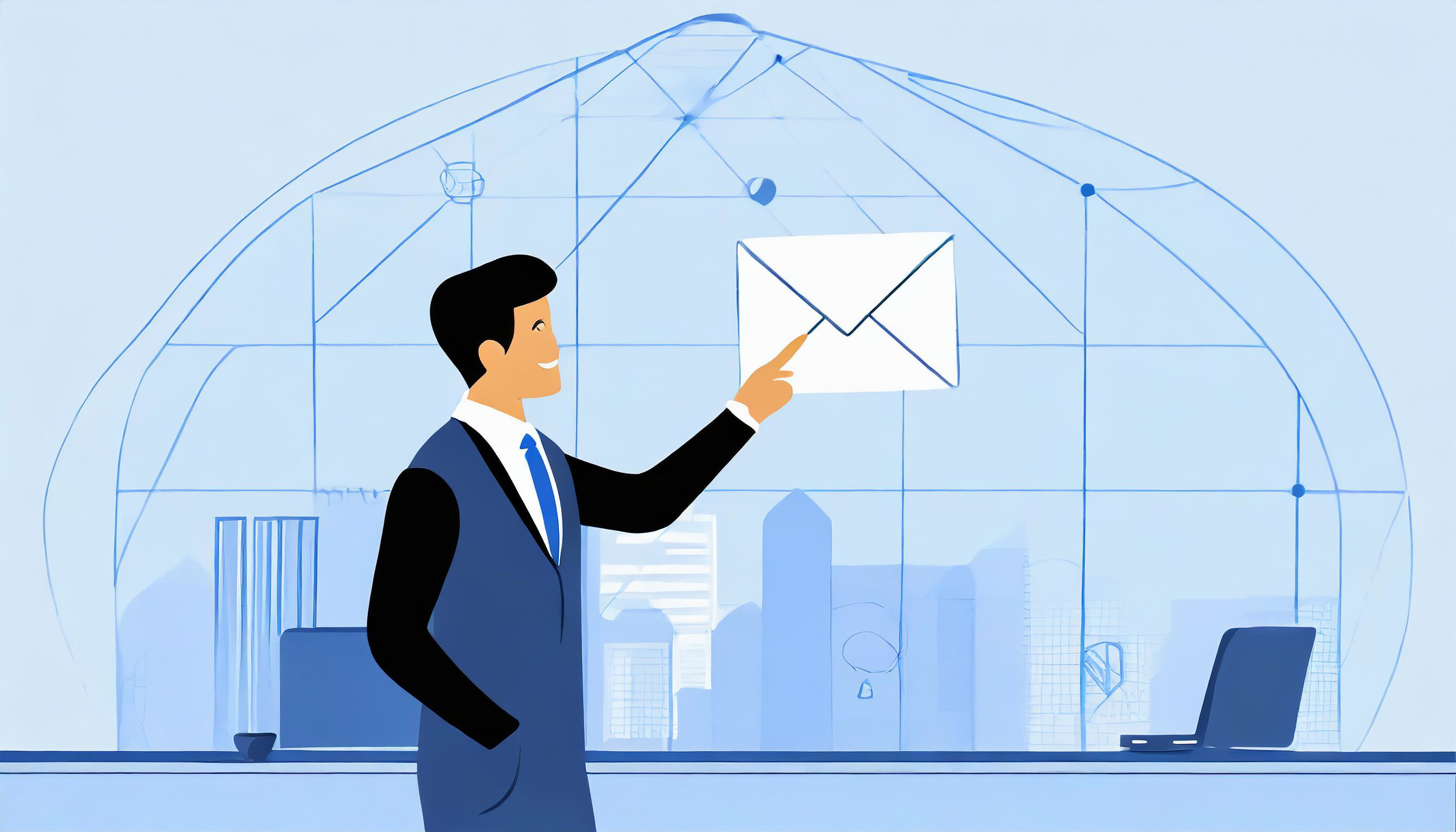 Businessman pointing at an email icon inside a transparent dome office with cityscape background.