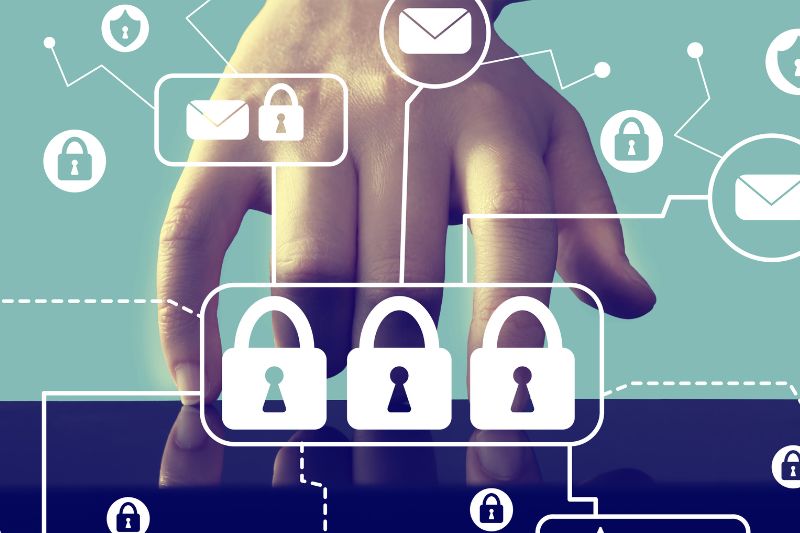 Person placing hand on lock icons to symbolize email security through SPF and MX.