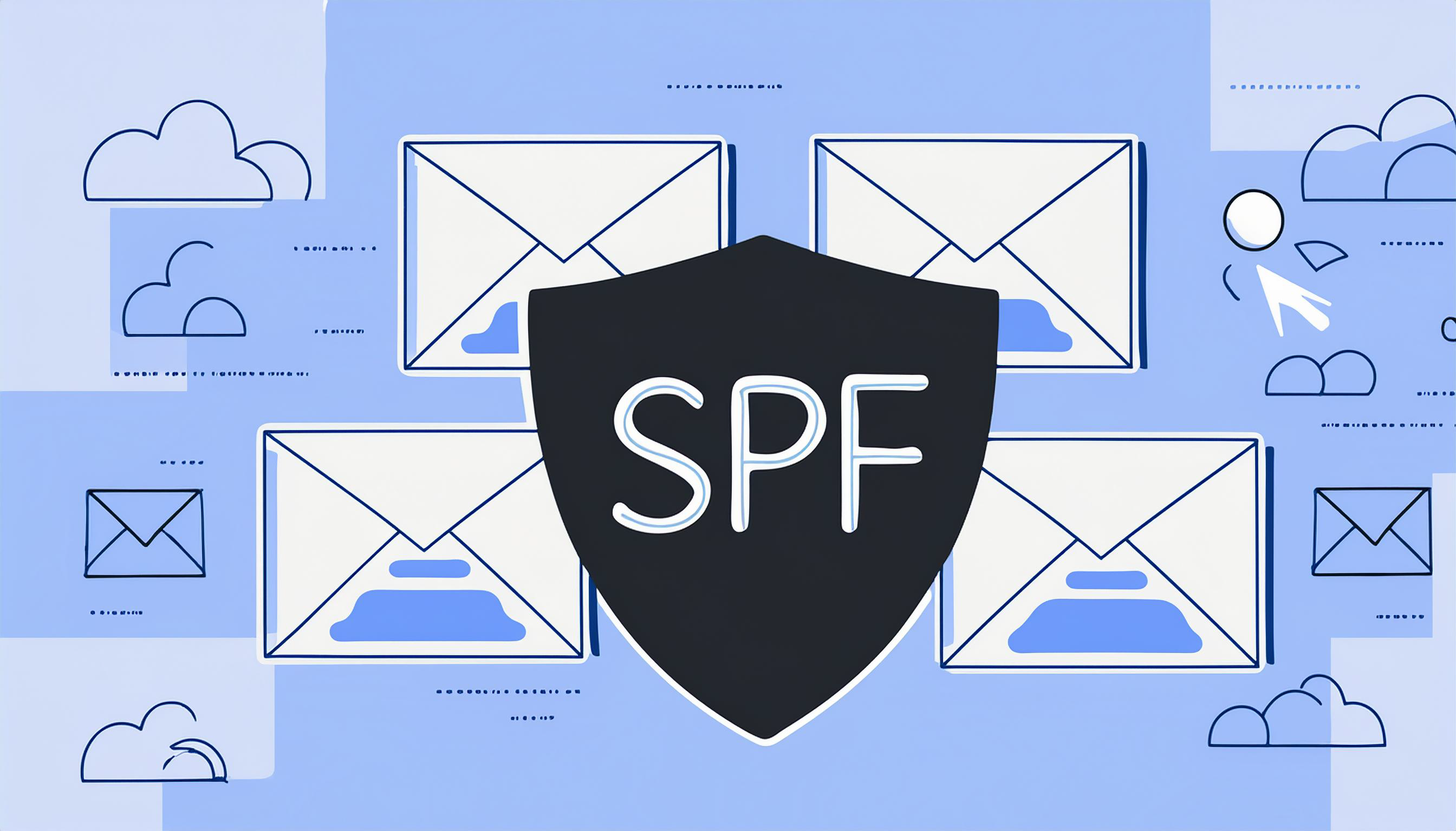 Graphic illustration of a shield labeled "SPF Records" surrounded by icons of envelopes and clouds, representing email security and spam protection for one domain.
