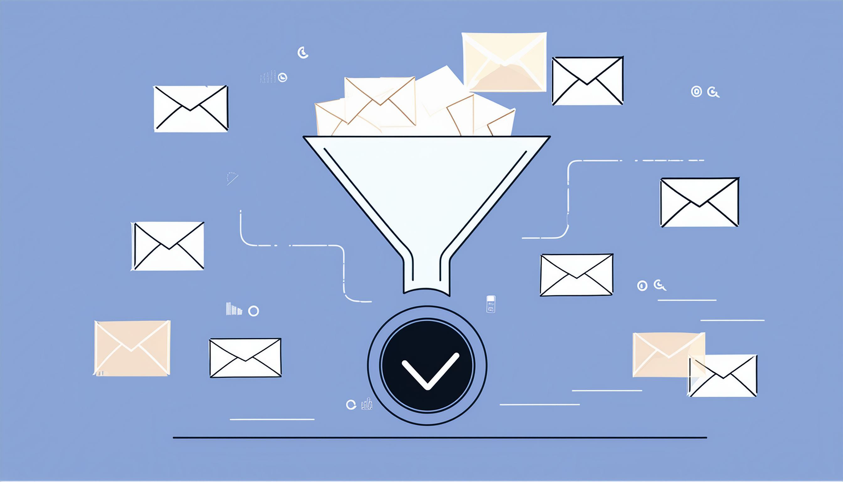 Graphic illustrating a funnel filtering multiple envelopes into a single point with a checkmark, symbolizing efficient email sorting or management under DMARC email security protocols.