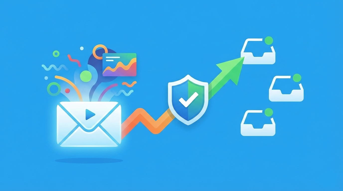 An illustration of an email envelope with digital graphics, a shield with a checkmark, and an arrow pointing to multiple inbox icons, showcasing secure email delivery and the latest trends 2024 in email graphic design.