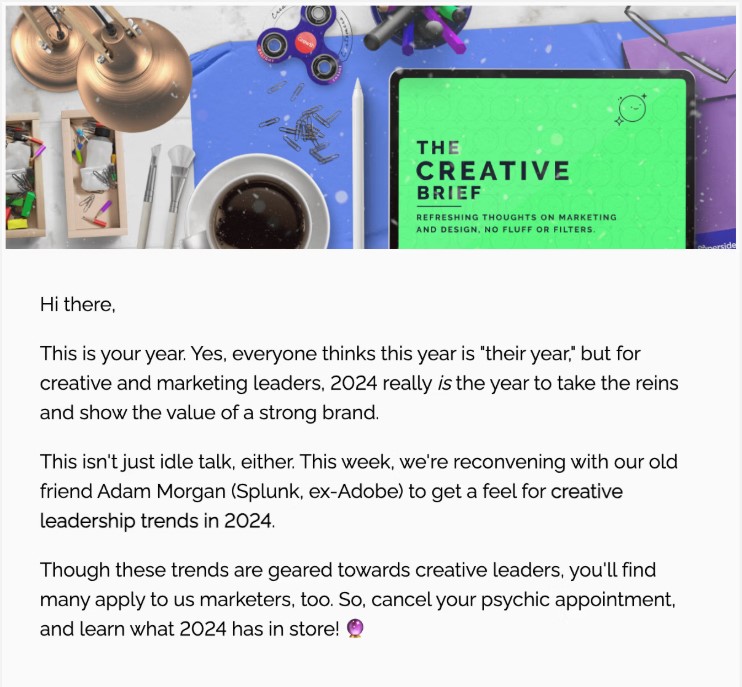 Screenshot of an email newsletter titled "The Creative Brief," highlighting leadership trends for 2024 and featuring modern Email Design Trends, inviting readers to explore creative leadership insights.