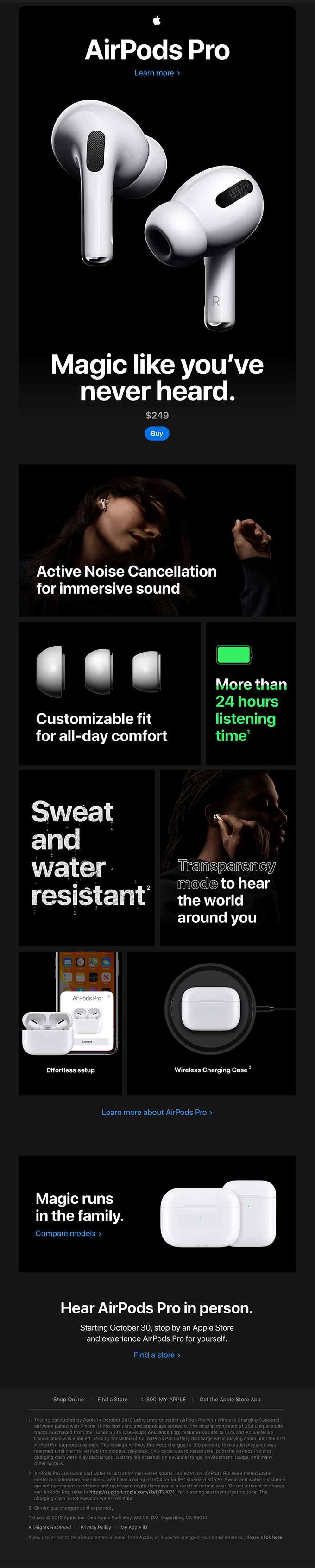 Apple promotional image for AirPods Pro featuring product photos, key features like noise cancellation, water resistance, customizable fit, and a nod to 2024 email design trends—perfect for standout Email Graphic Design and in-store availability.