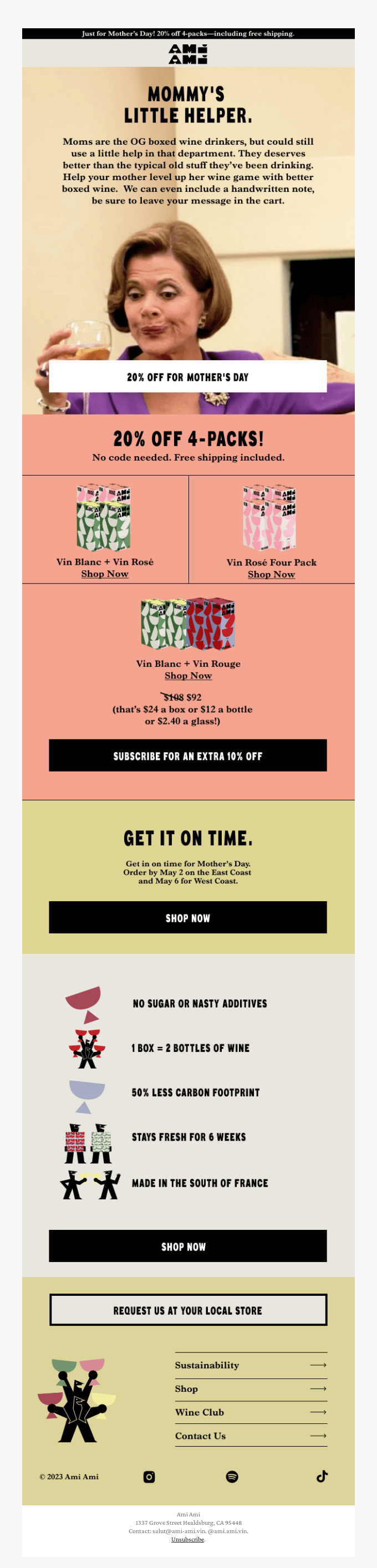 Celebrate Mother's Day with Amli Amli wine! Enjoy exclusive discounts, 4-pack deals, and more. Discover the latest in Email Graphic Design as you browse our offers, featuring wine bottle and glass icons. Don’t miss out—subscribe today!.