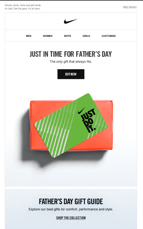 Nike's Father's Day promotional email, featuring the latest 2024 graphic design trends