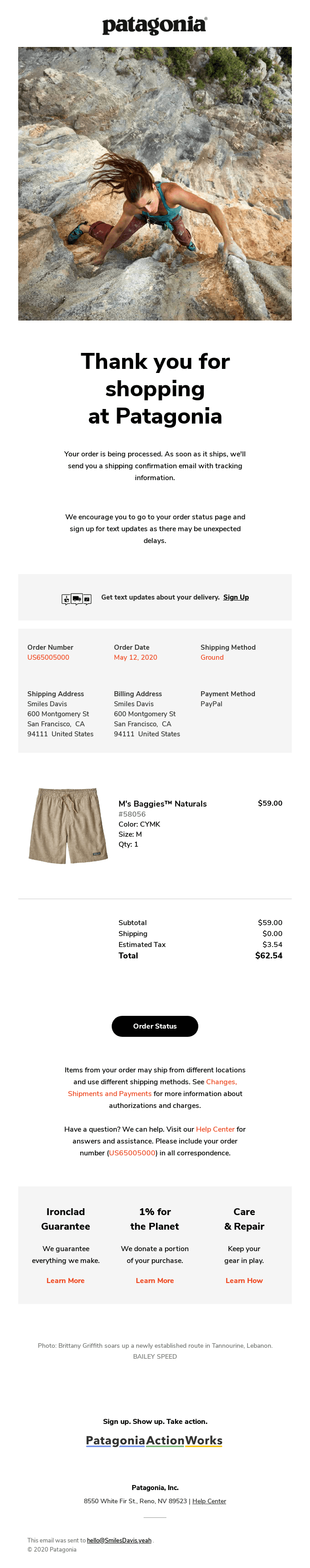 Patagonia order confirmation email featuring stylish Email Graphic Design, gratitude for your purchase, Men's Baggies Naturals shorts details, shipping info, and promos on the Latest Trends 2024.