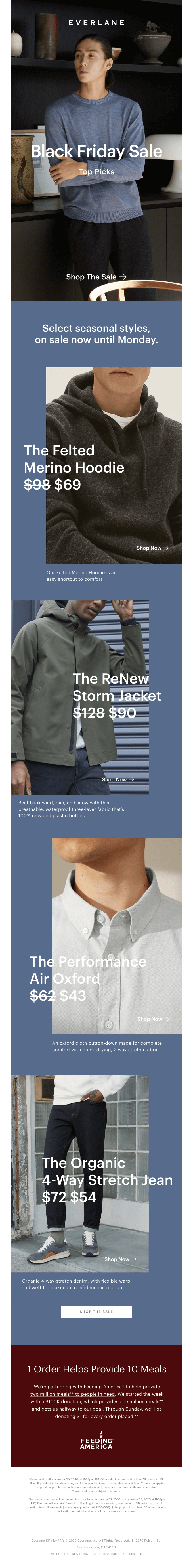 A promotional email showcases men's sweaters and cardigans for a Black Friday sale from Everlane, featuring modern 2024 Email Graphic Design trends with product images, descriptions, and pricing.