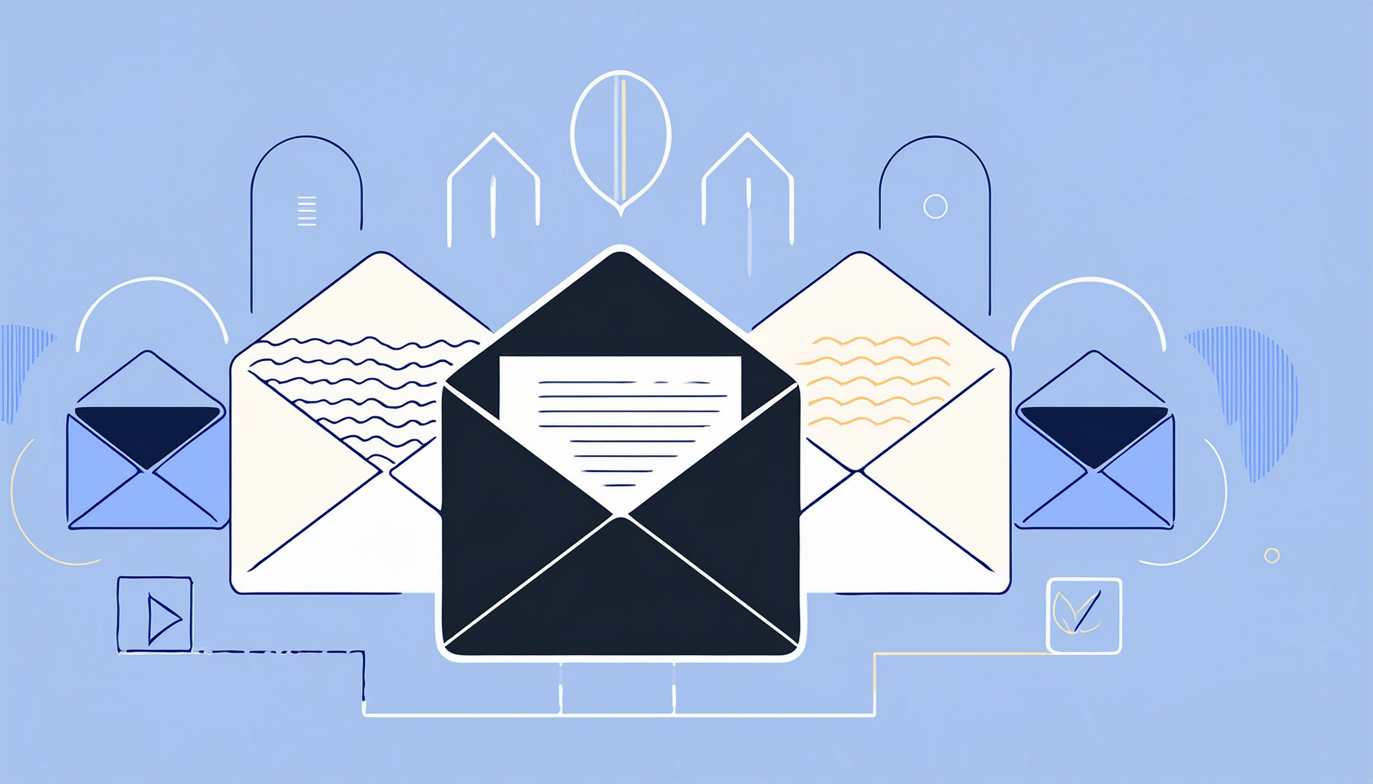 Illustration of an open envelope with visible documents, surrounded by various email campaign icons, set against a stylized cityscape background.