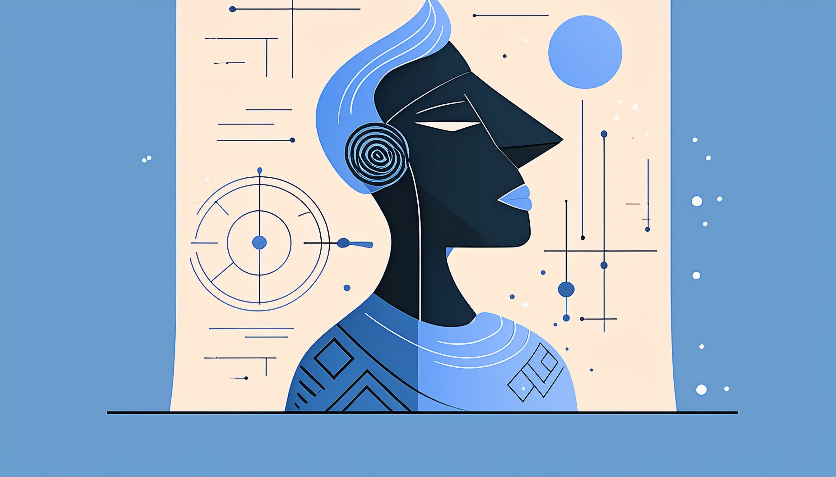 Abstract illustration of a stylized person with geometric patterns and celestial motifs in a blue and beige color scheme, reflecting the latest trends.
