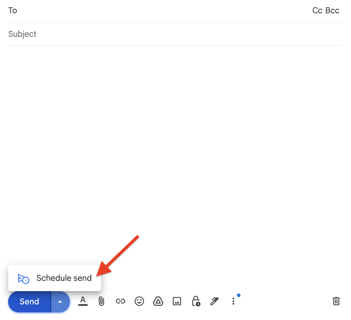 An empty email composition window with a red arrow pointing to the "Queued in Gmail" option