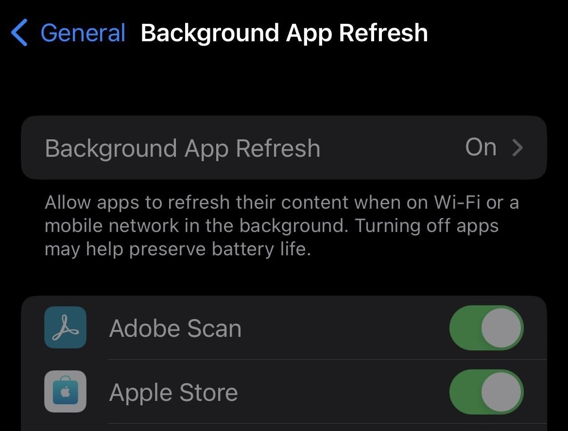 Screenshot of a smartphone settings page showing option toggled on, with additional options for specific apps like Adobe Scan and fix queued Gmail.