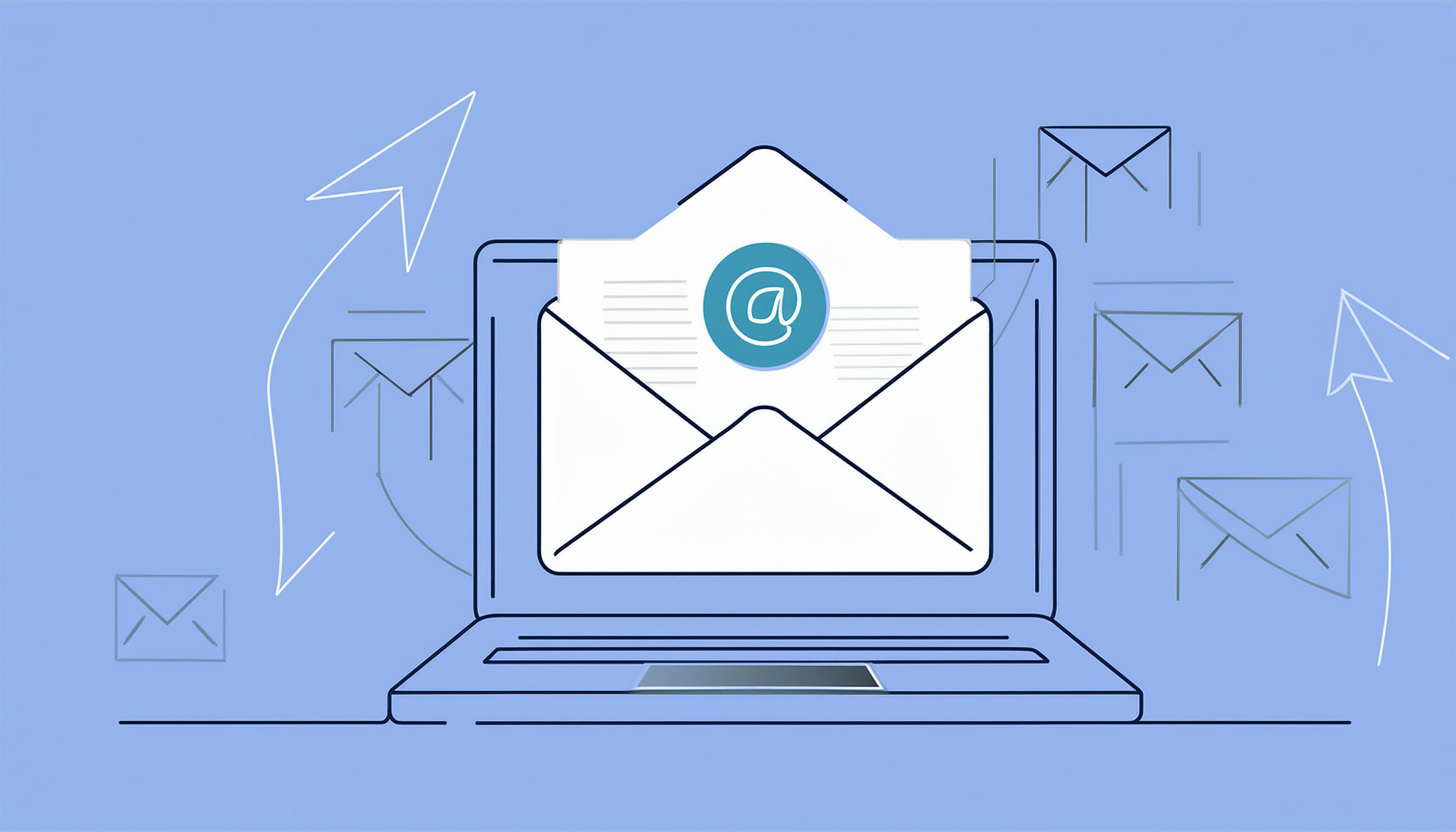 Illustration of a laptop with an open envelope on the screen, symbolizing cold email communication. Symbols of letters and arrows surround the laptop, enhancing the theme of email interaction. The envelope prominently features an "@" symbol.