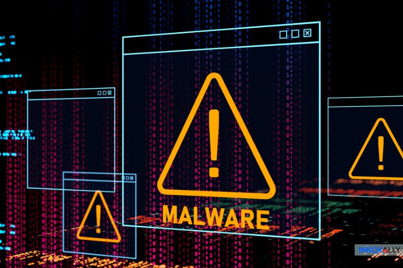 Aviso de malware digital, destacando os riscos de segurança como um motivo para o e-mail enviado, mas não recebido pelo destinatário devido a filtros de spam ou conteúdo bloqueado