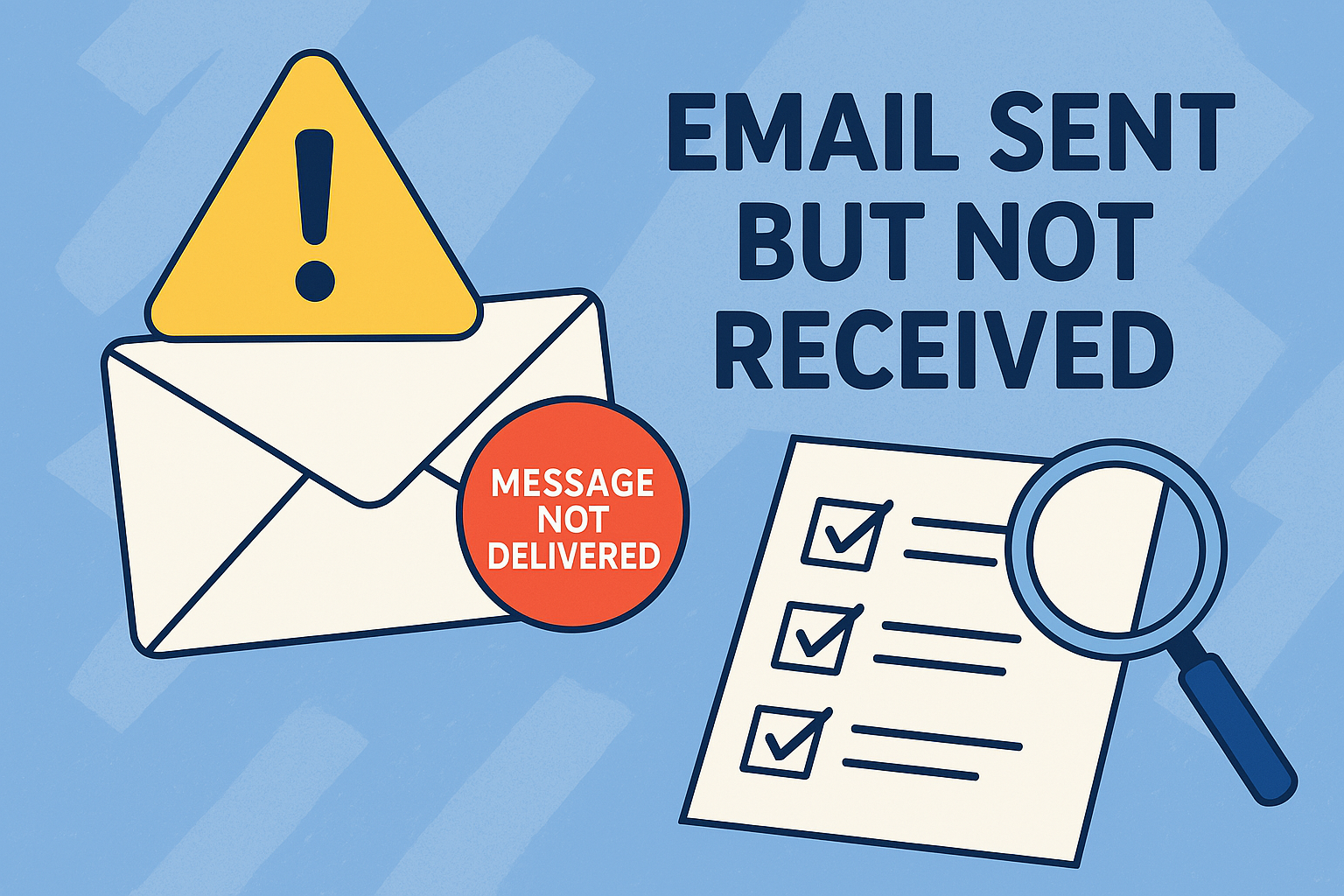 Illustration depicting an envelope with a warning sign and a red circle stating "Email Sent But Not Received By Recipient," accompanied by a checklist and a magnifying glass. The text reads "Email Sent but Not Received.