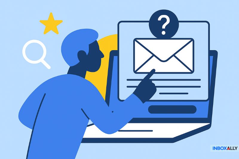 Illustration of a person pointing at an envelope icon with a question mark on a laptop screen, symbolizing email or message inquiry and exploring how to increase email open rates.