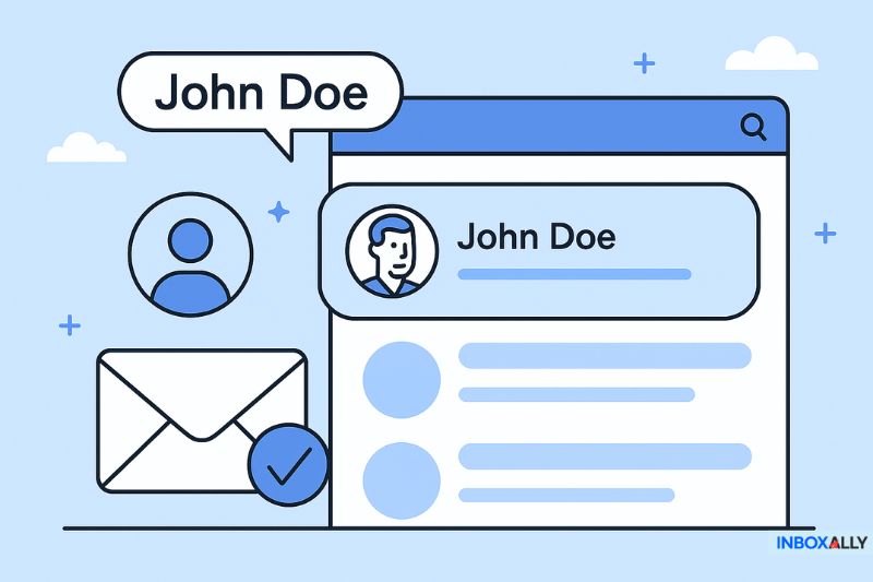 Illustration of an email interface showing a user named John Doe, an envelope icon, a profile icon, and a checkmark, with "INBOXALLY" branding—perfect for visualizing tips on How to Increase Email Open Rates.