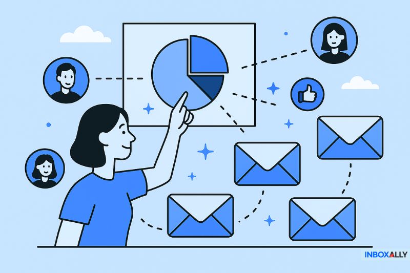 Illustration of a woman pointing at a pie chart, with icons of people, emails, and a thumbs-up connected by dashed lines, representing digital communication and how to increase email open rates through data analysis.