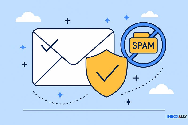 Illustration of an envelope, a shield with a checkmark, and a folder labeled "spam" with a prohibition sign, representing email security, spam protection, and tips on how to increase email open rates.
