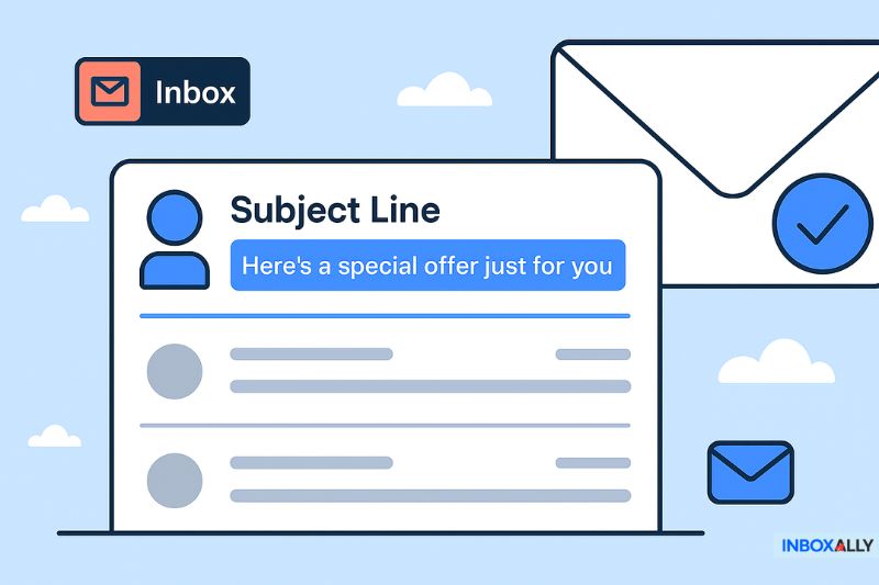 Illustration of an email inbox highlighting a subject line that reads "Here's a special offer just for you," showcasing tips on how to increase email open rates, with envelope icons in the background.