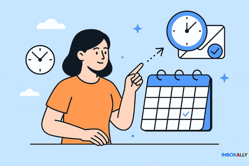 Illustration of a person pointing at a calendar, with clocks and an envelope symbolizing time management, scheduling, and tips on how to increase email open rates.