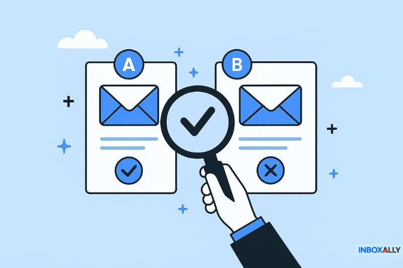 Illustration of a hand holding a magnifying glass with a checkmark over two email options labeled A and B, symbolizing How to Increase Email Open Rates through careful comparison and selection between different email strategies.