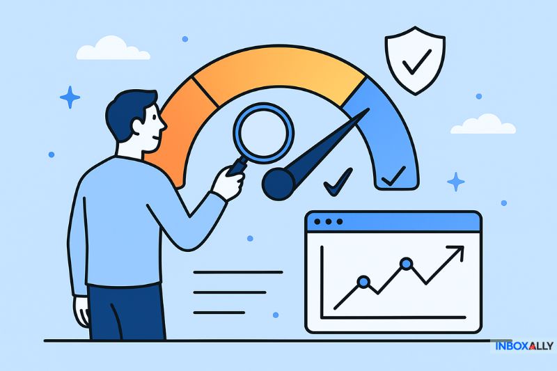 An illustrated person examines a gauge with a magnifying glass, showing a high reading—demonstrating How to Increase Email Open Rates—as an upward-trending graph is displayed on a screen.