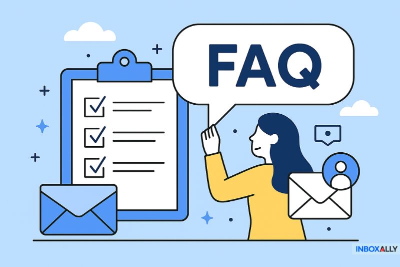 Illustration of a woman holding an envelope and a FAQ speech bubble, next to a clipboard with a checklist and large envelope, on a blue background—perfect for tips on How to Increase Email Open Rates.