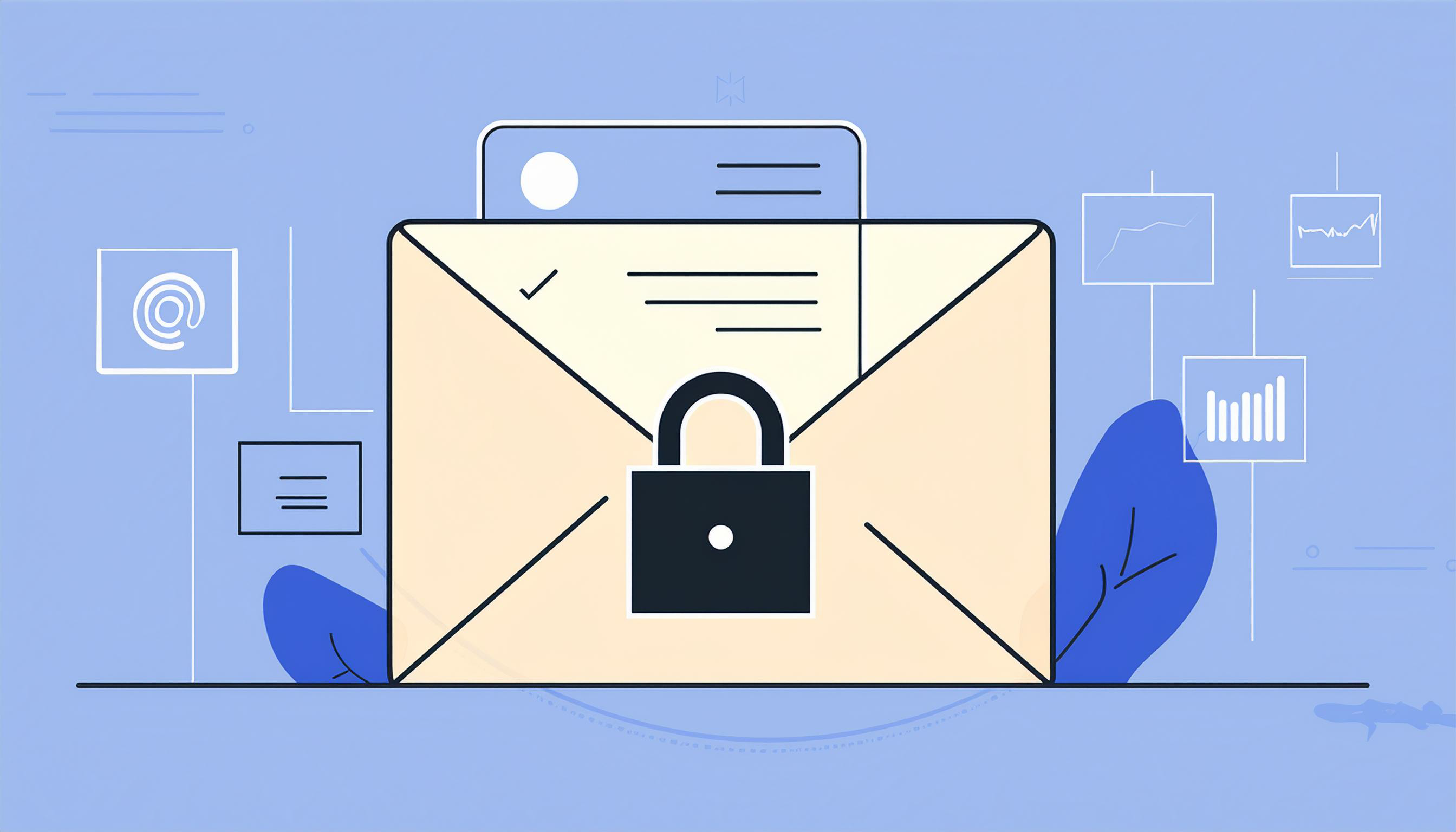 Illustration of a digital envelope icon with a padlock, symbolizing secure email, surrounded by various communication and SPF data icons on a blue background.