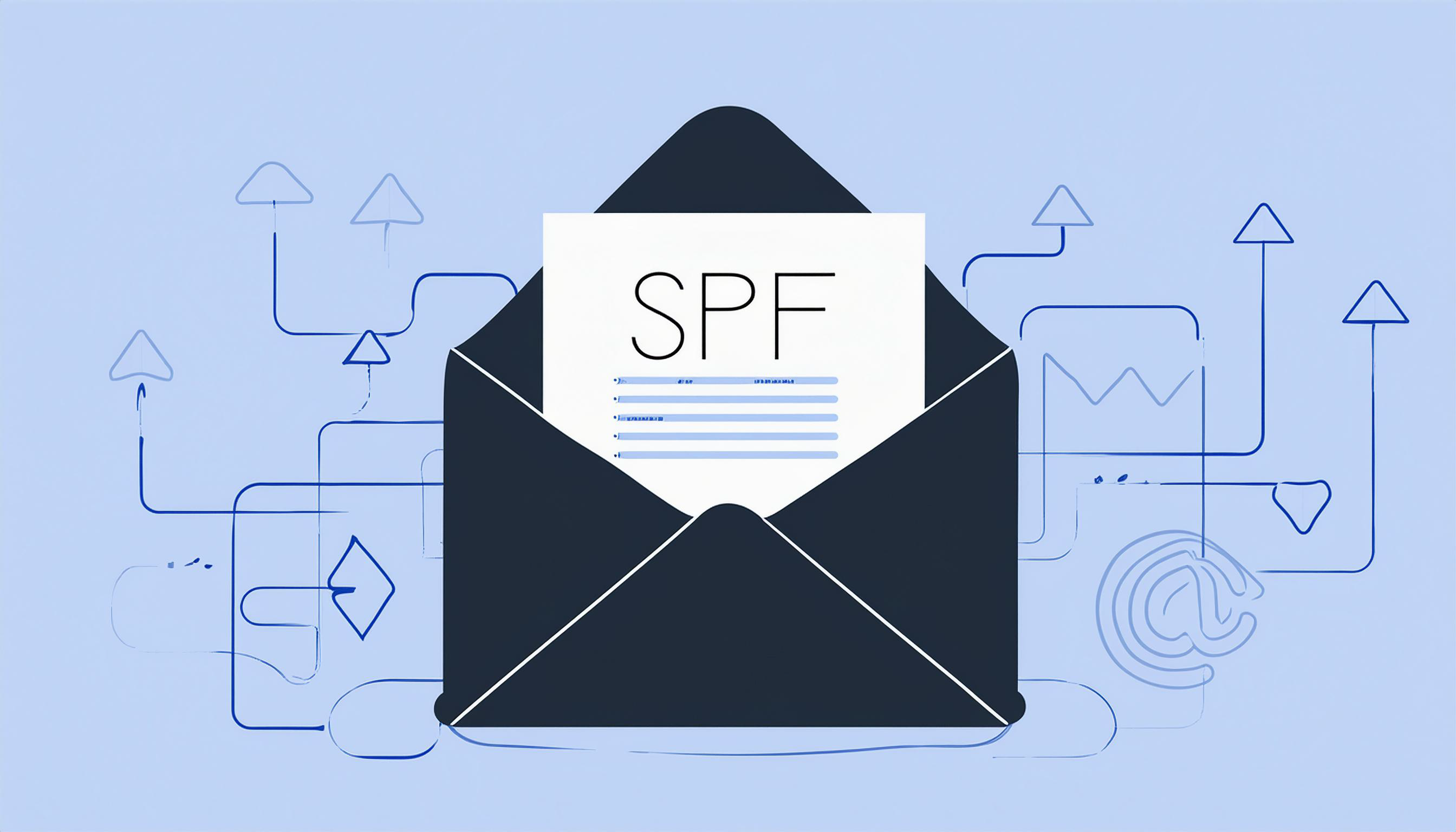Illustration of an SPF failure on a document in an open envelope, surrounded by abstract digital icons and arrows, set against a blue background.
